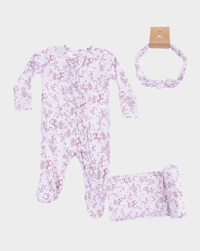 Girl's Sweet Dream Floral 2-Way Zip Footie, Headband & Blanket Set, Size Newbor